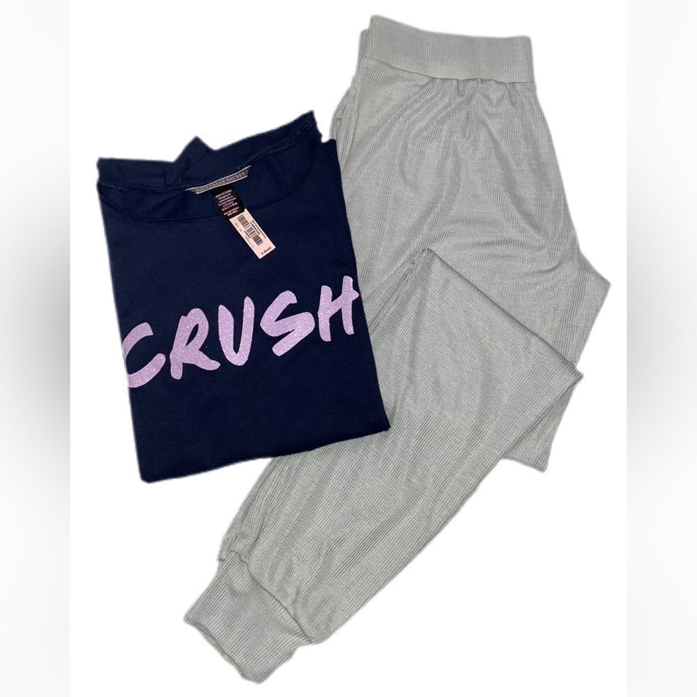 Victorias Secret Set Crush Soft Top ribbed lightweight pajama jogger gray navy